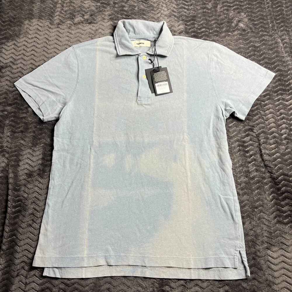 Buck Mason Polo Shirt size Medium Blue Indigo Dipped Cotton Short Sleeve NWT